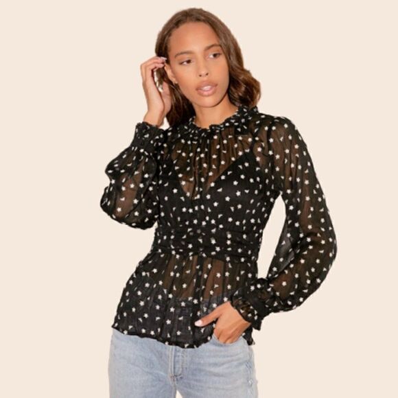 Zara Black & White Floral Embroidered Sheer High Neck Long Sleeve Top Size XS - Picture 3 of 13